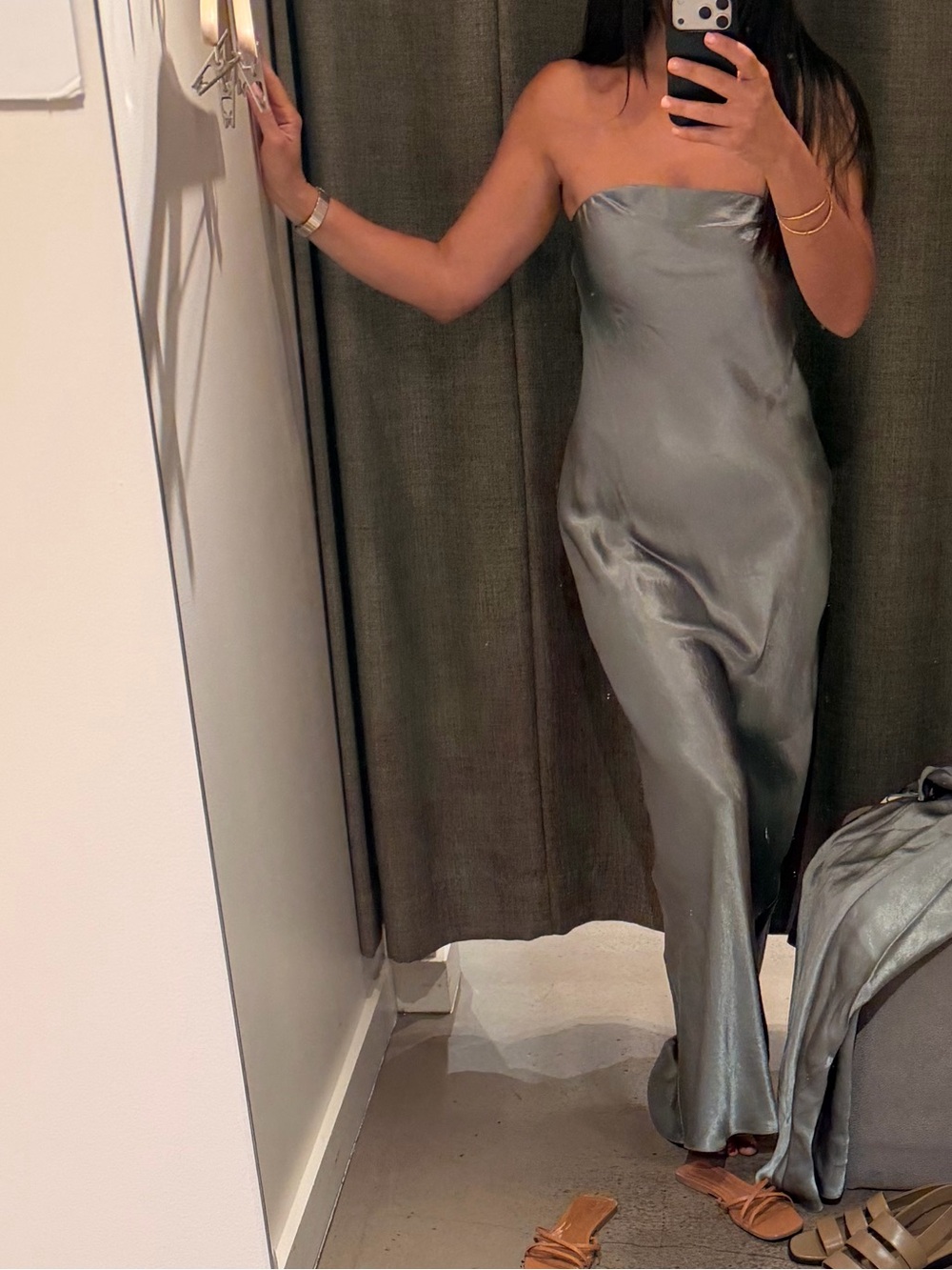 Vince Strapless Satin Slip Dress in clay sage